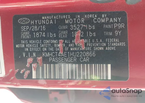 2017 Hyundai Accent Se z USA, uszkodzony, nr VIN KMHCT4AE1HU220866